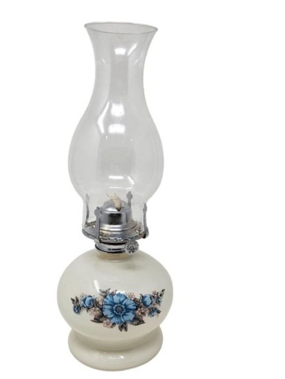 Vintage White Oil Lamp Blue Pink Flowers with Clear Glass Hurricane Chimney
